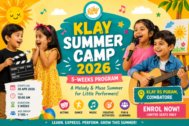 Children participating in KLAY Summer Camp 2026 Coimbatore creative learning and performance activities at RS Purama