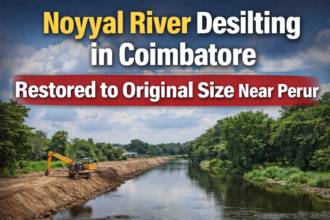 Noyyal river desilting Coimbatore near Perur restoring river width and improving water flow