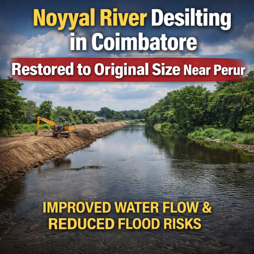 Noyyal river desilting Coimbatore near Perur restoring river width and improving water flow