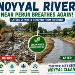 Waste removal and river restoration work taking place near Noyyal River in Perur, Coimbatore during 2026