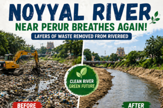 Waste removal and river restoration work taking place near Noyyal River in Perur, Coimbatore during 2026