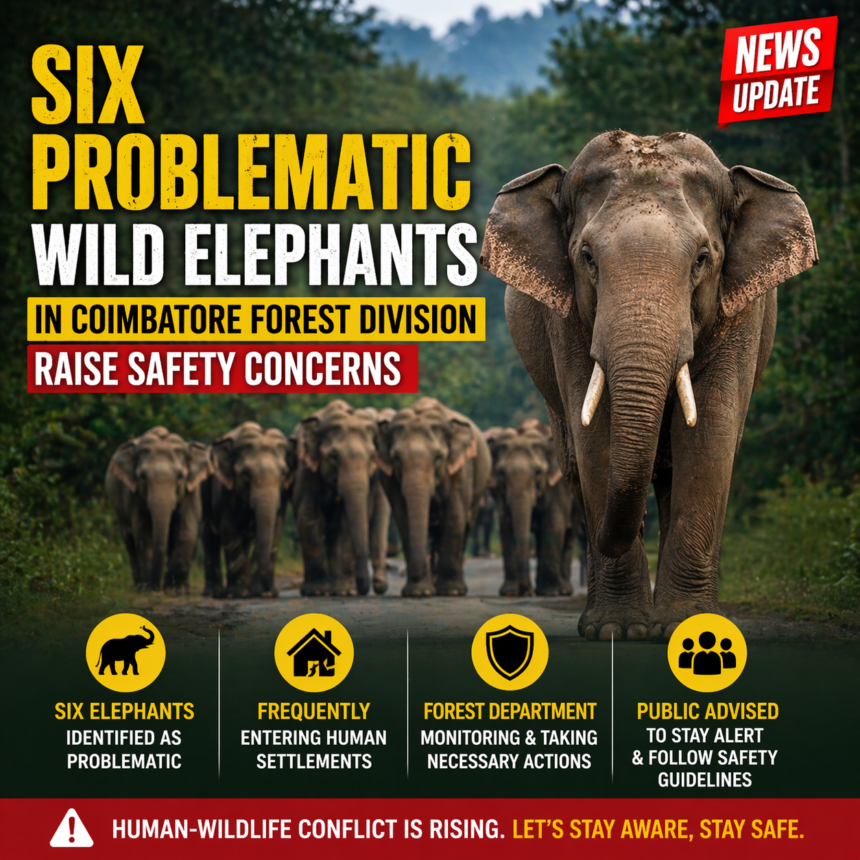 six problematic wild elephants Coimbatore forest division human wildlife conflict alert