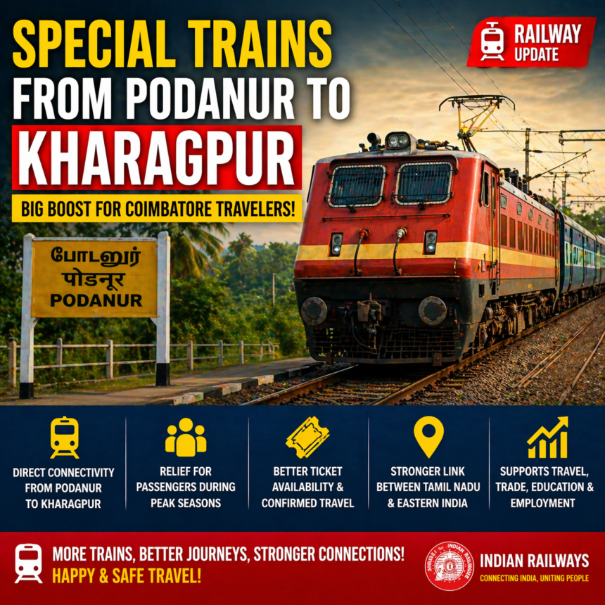 special trains Podanur to Kharagpur Coimbatore railway service update