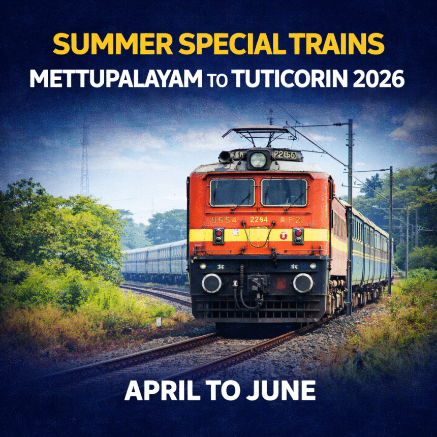 Summer Special Trains Mettupalayam to Tuticorin 2026 train running to manage summer travel rush in Tamil Nadu