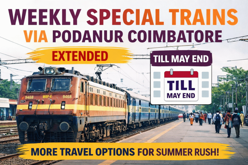 Weekly Special Trains via Podanur Coimbatore 2026 extended railway service to reduce travel congestion in Tamil Nadu