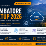 AWS UG Coimbatore Meetup 2026 event poster featuring AI on AWS, Cloud Native DevOps, and developer networking in Coimbatore