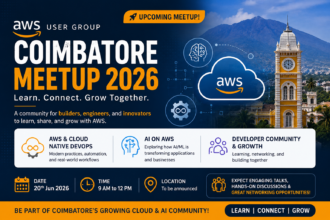 AWS UG Coimbatore Meetup 2026 event poster featuring AI on AWS, Cloud Native DevOps, and developer networking in Coimbatore
