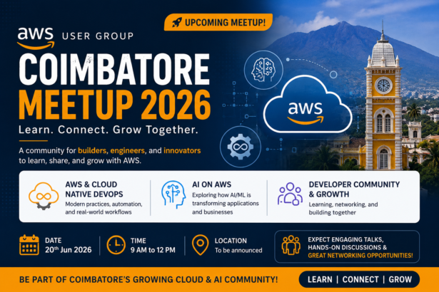 AWS UG Coimbatore Meetup 2026 event poster featuring AI on AWS, Cloud Native DevOps, and developer networking in Coimbatore
