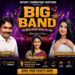 Stage poster of Big Band 26 Rotary Music Fest 2026 in Coimbatore featuring celebrity singers and live orchestra performances