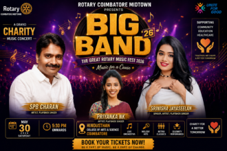 Stage poster of Big Band 26 Rotary Music Fest 2026 in Coimbatore featuring celebrity singers and live orchestra performances