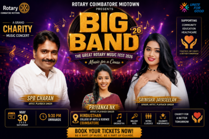 Stage poster of Big Band 26 Rotary Music Fest 2026 in Coimbatore featuring celebrity singers and live orchestra performances