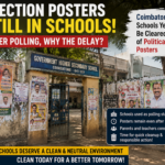 Election posters remaining inside school premises in Coimbatore after polling activities in 2026