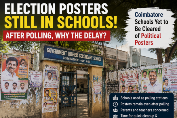 Election posters remaining inside school premises in Coimbatore after polling activities in 2026