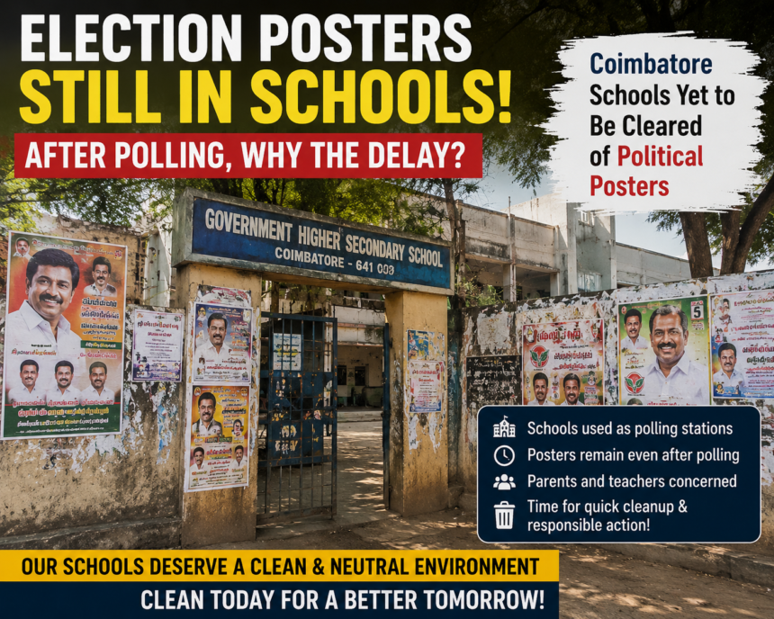 Election posters remaining inside school premises in Coimbatore after polling activities in 2026