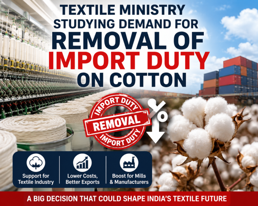 Cotton bales and spinning mills representing Cotton Import Duty Removal India 2026 and its impact on Coimbatore textile industry