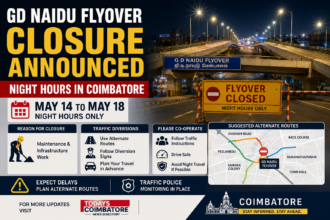 Night traffic diversion near GD Naidu Flyover in Coimbatore during temporary closure work