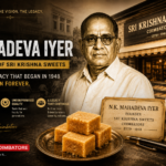 N.K. Mahadeva Iyer portrait with Sri Krishna Sweets shop and Mysurpa, representing Coimbatore sweet brand legacy