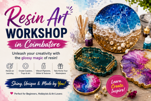Participants creating colorful resin art coasters and abstract artwork during a Resin Art Workshop in Coimbatore