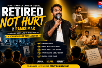 Ramkumar performing Retired NOT Hurt Tamil Stand-Up Comedy Show in Coimbatore about corporate life, house husband experiences and inner peace