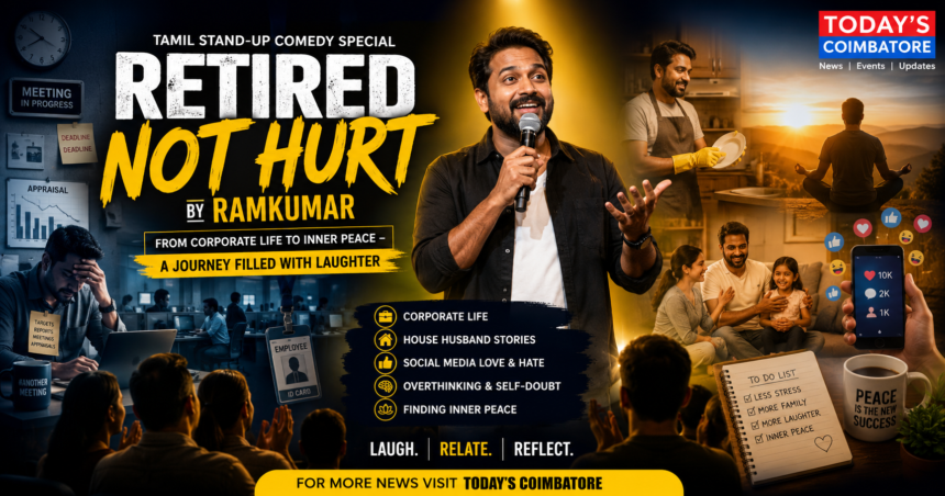 Ramkumar performing Retired NOT Hurt Tamil Stand-Up Comedy Show in Coimbatore about corporate life, house husband experiences and inner peace