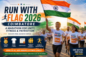 Participants running with Indian flags during Run With Flag 2026 Coimbatore patriotic marathon event