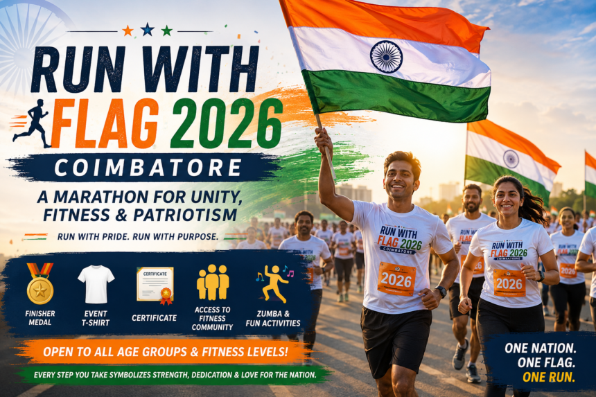 Participants running with Indian flags during Run With Flag 2026 Coimbatore patriotic marathon event