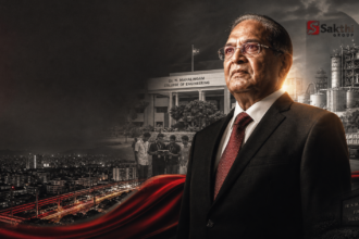 Dr. N. Mahalingam, founder of Sakthi Group, featured in a cinematic editorial-style cover image representing Coimbatore’s industrial and educational growth.