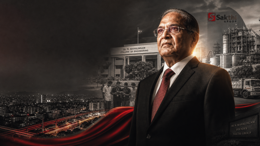 Dr. N. Mahalingam, founder of Sakthi Group, featured in a cinematic editorial-style cover image representing Coimbatore’s industrial and educational growth.