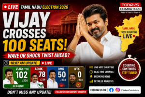 Tamil Nadu Election 2026 live updates showing Vijay leading with 100+ seats during vote counting