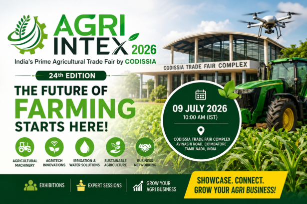 Visitors exploring AGRI INTEX 2026 Coimbatore agricultural trade fair at CODISSIA showcasing modern farming technologies and agribusiness innovations