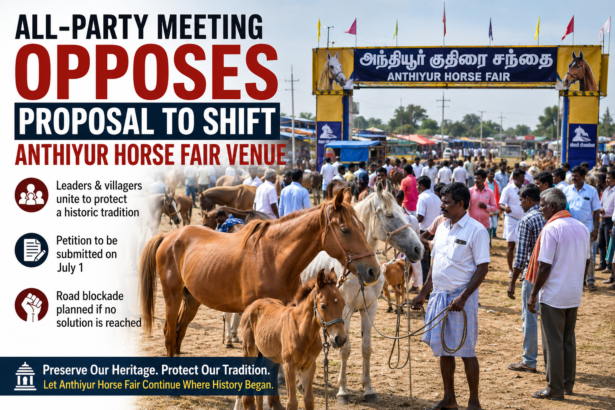 People and horses at the historic Anthiyur Horse Fair in Tamil Nadu as political leaders and villagers oppose shifting the traditional fair venue.