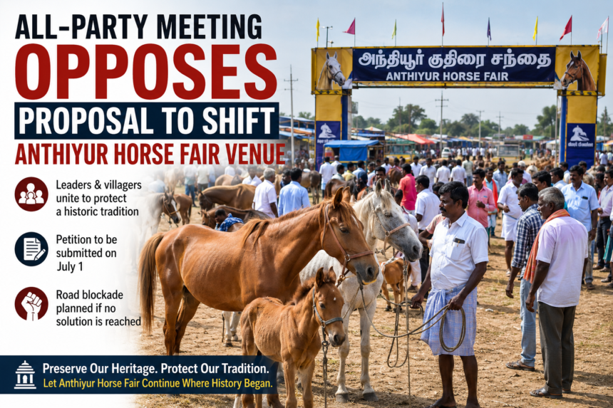 People and horses at the historic Anthiyur Horse Fair in Tamil Nadu as political leaders and villagers oppose shifting the traditional fair venue.