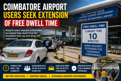 Passengers and vehicles at Coimbatore Airport seeking extension of free dwell time facilities