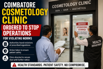 Healthcare authorities inspecting a cosmetology clinic in Coimbatore for regulatory compliance violations
