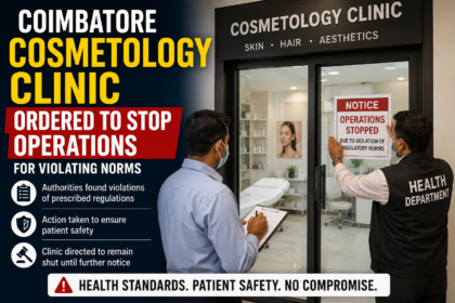 Healthcare authorities inspecting a cosmetology clinic in Coimbatore for regulatory compliance violations