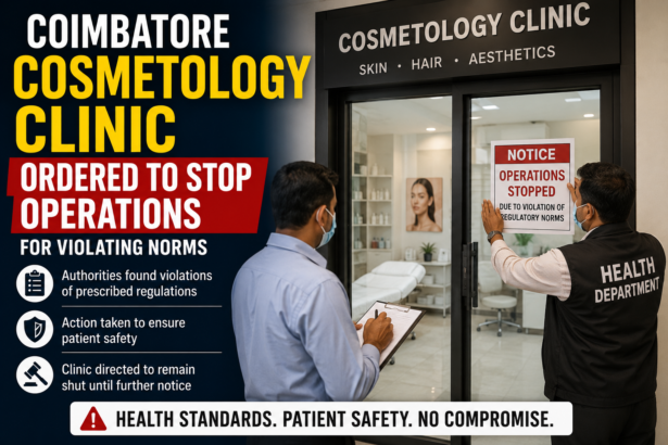 Healthcare authorities inspecting a cosmetology clinic in Coimbatore for regulatory compliance violations