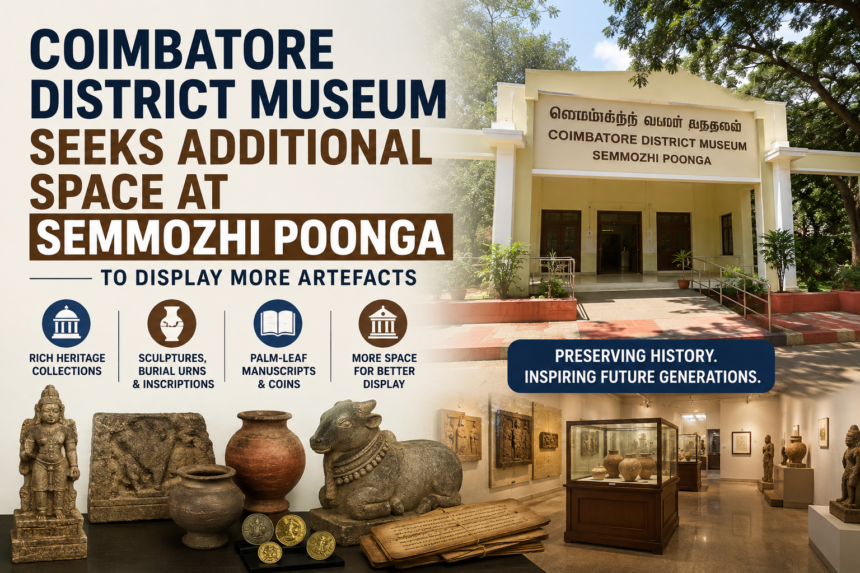 Coimbatore District Museum seeks additional space at Semmozhi Poonga to showcase historical artefacts, sculptures, inscriptions, manuscripts and cultural collections