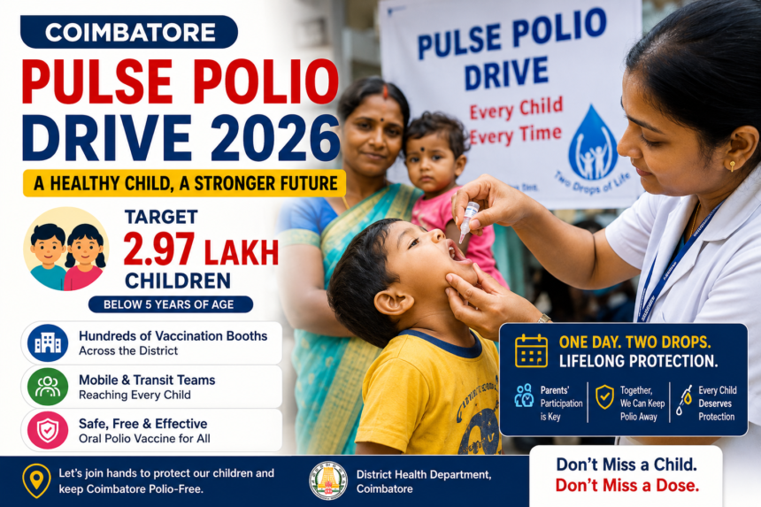 Healthcare workers administering oral polio vaccine to children during the Coimbatore Pulse Polio Drive 2026.