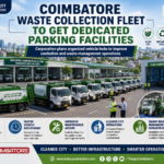 Waste collection vehicles parked at a dedicated facility planned by Coimbatore Corporation