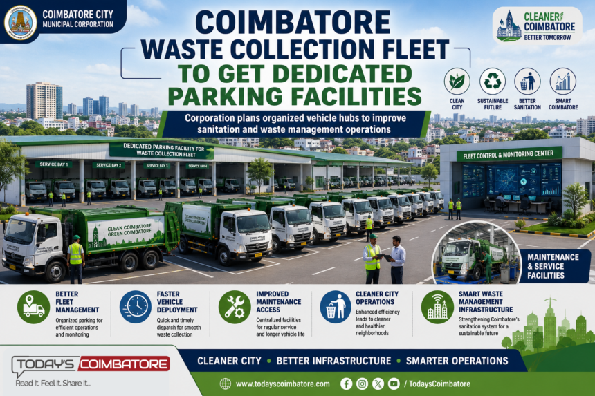 Waste collection vehicles parked at a dedicated facility planned by Coimbatore Corporation