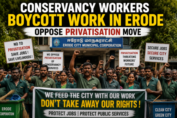 Conservancy workers staging a protest against privatisation plans in Erode Corporation