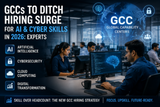 Technology professionals working on AI and cybersecurity projects in a Global Capability Centre in India