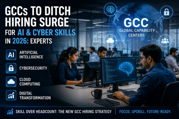 Technology professionals working on AI and cybersecurity projects in a Global Capability Centre in India