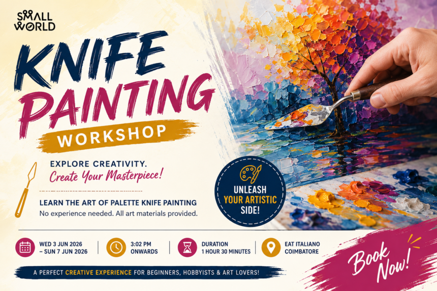 Participants learning palette knife painting techniques at Knife Painting Workshop in Coimbatore 2026