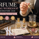 Participants creating custom fragrances during the Perfume Making Workshop in Coimbatore 2026.