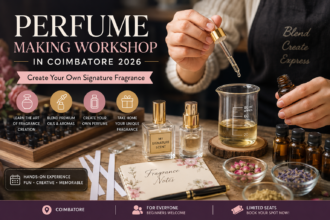 Participants creating custom fragrances during the Perfume Making Workshop in Coimbatore 2026.