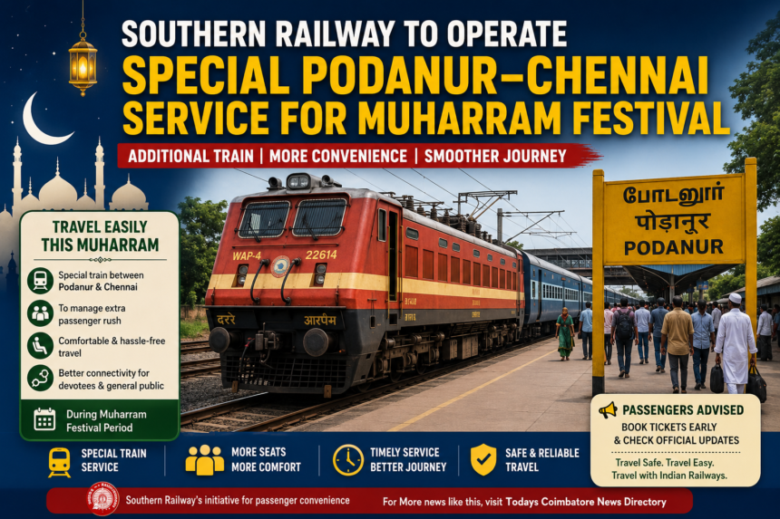Southern Railway special train operating between Podanur and Chennai for Muharram festival passengers