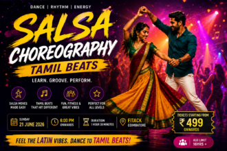 Participants performing salsa choreography to Tamil beats at a dance workshop in Coimbatore