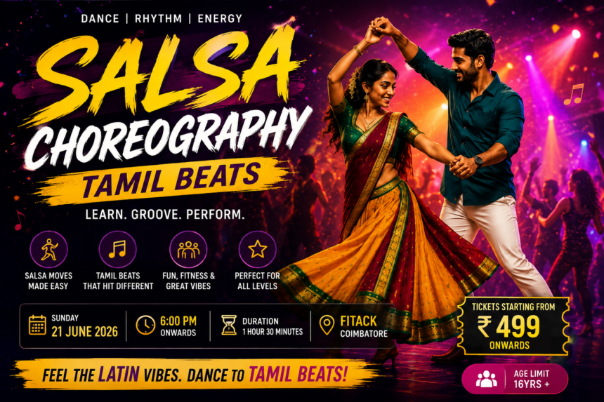 Participants performing salsa choreography to Tamil beats at a dance workshop in Coimbatore