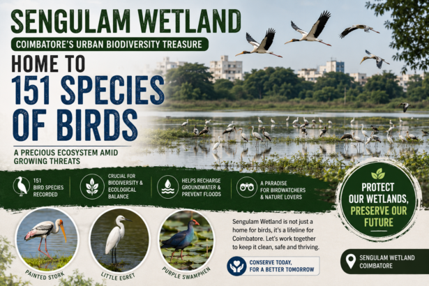 Migratory and resident birds gathered at Sengulam Wetland in Coimbatore, highlighting its ecological importance and biodiversity.